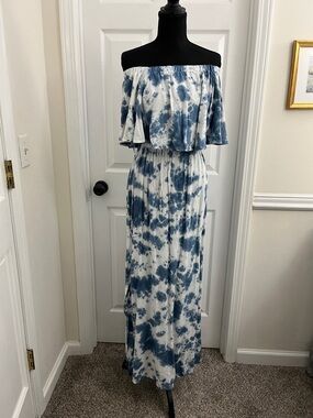 Swimsuits For All Blue and White Tie-Dye One-Shoulder Maxi Dress